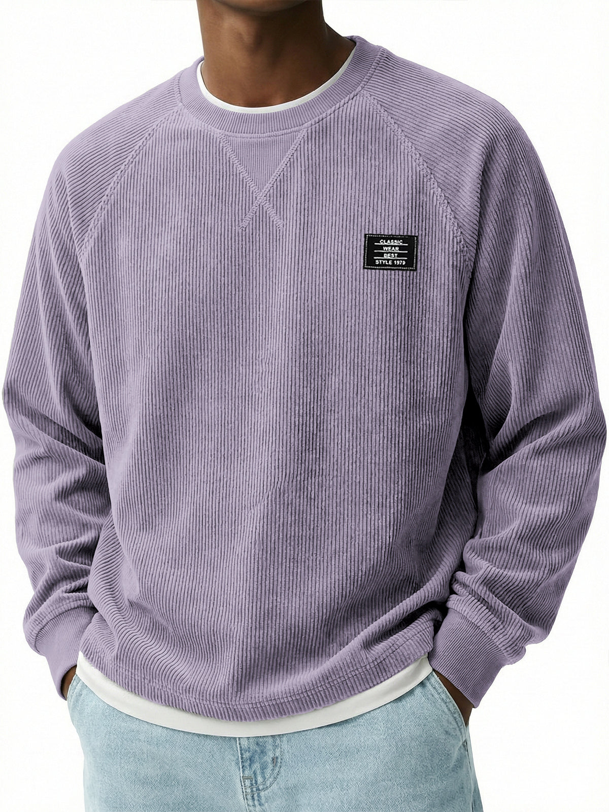 Corduroy Raglan Crew Neck Pullover Top with Stitched Embroidery Design