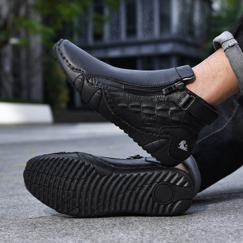 Men’s Genuine Leather Zipper Boots – Casual Slip-On High-Top Boots