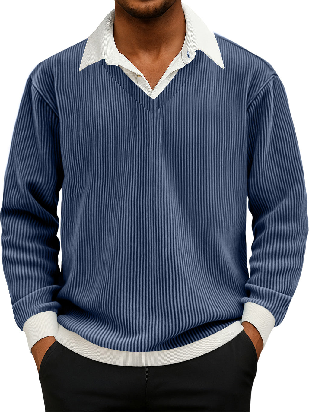 Men's Casual Faux Two-Piece Ribbed Shirt Collar Long Sleeve Sweatshirt