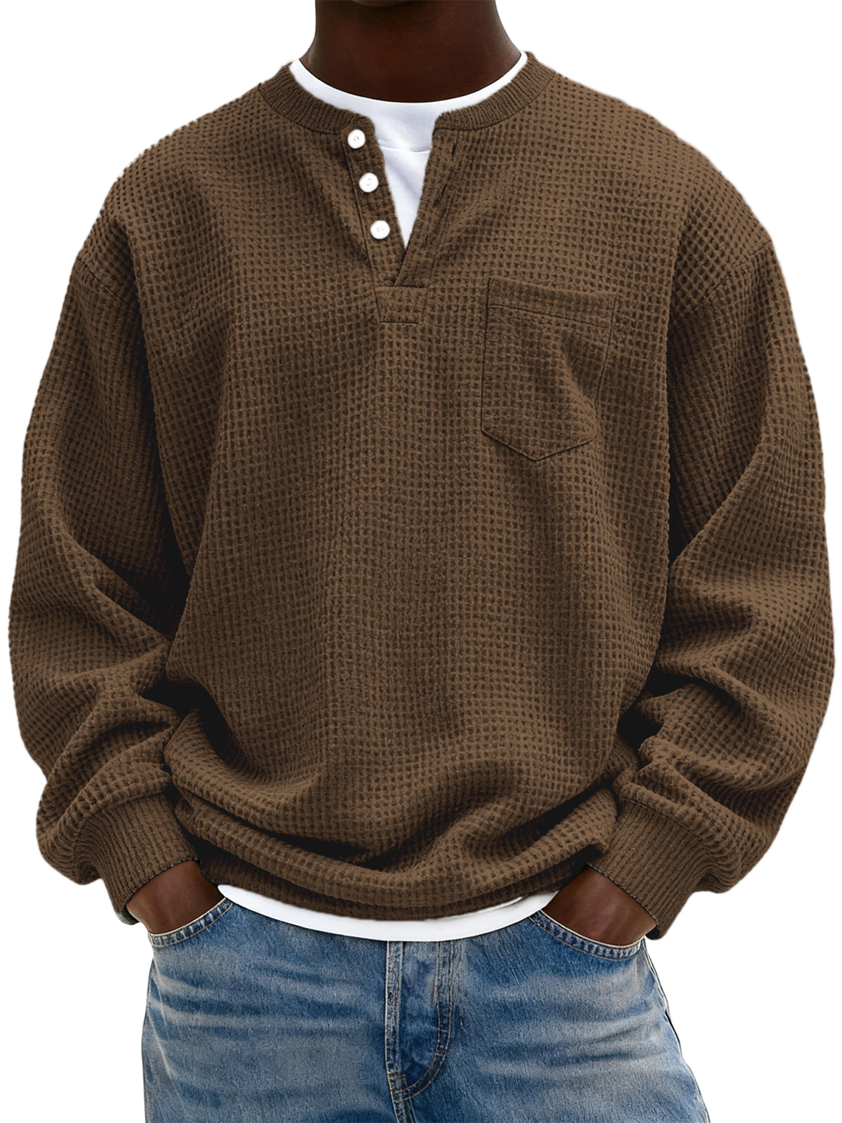 Men's Simple Waffle Henley Pullover with Chest Pocket