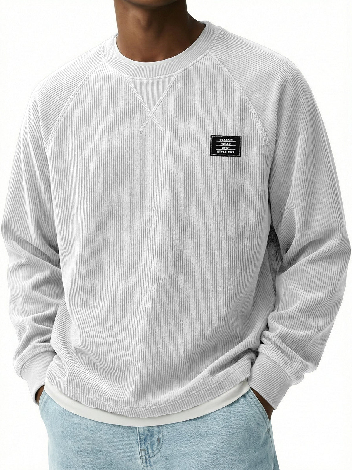 Corduroy Raglan Crew Neck Pullover Top with Stitched Embroidery Design