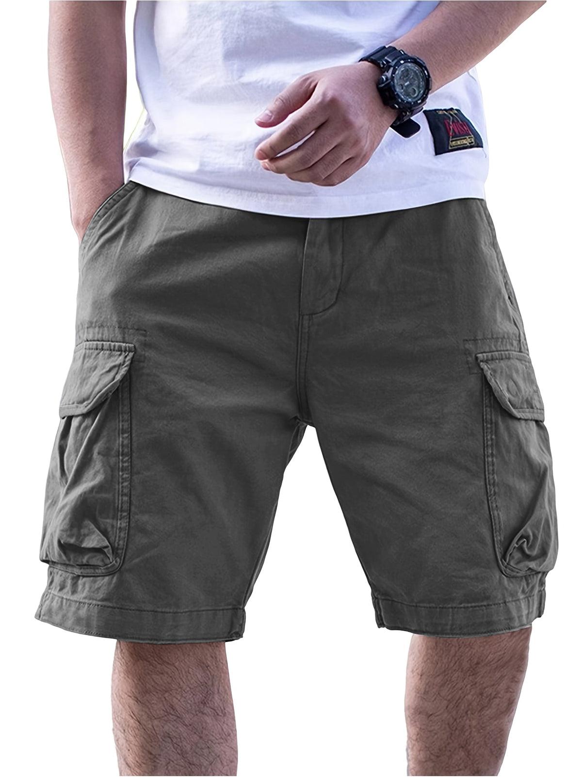 Men's Casual Loose-Fit Cargo Shorts with Multiple Pockets Solid Color Mid-Rise Elastic Waist Drawstring