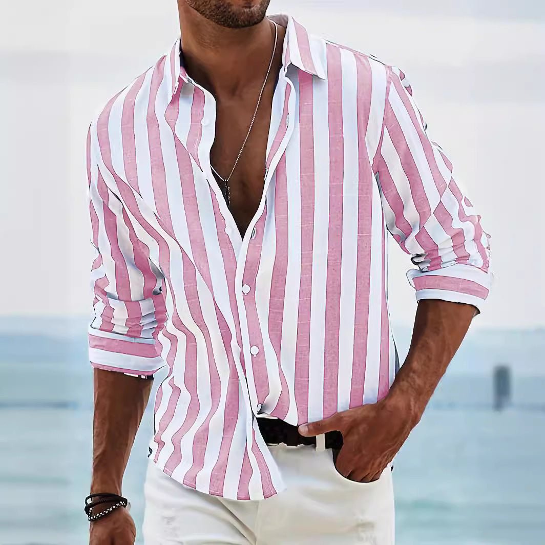 Men's Striped Print Shirt Casual Loose Long-sleeved Shirt