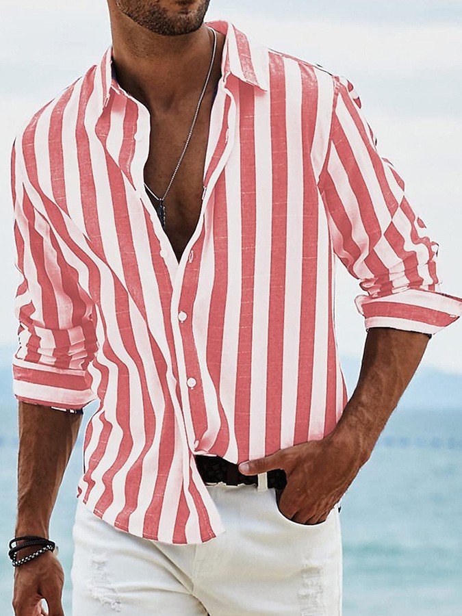 Men's Striped Print Shirt Casual Loose Long-sleeved Shirt