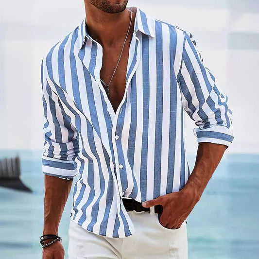 Men's Striped Print Shirt Casual Loose Long-sleeved Shirt