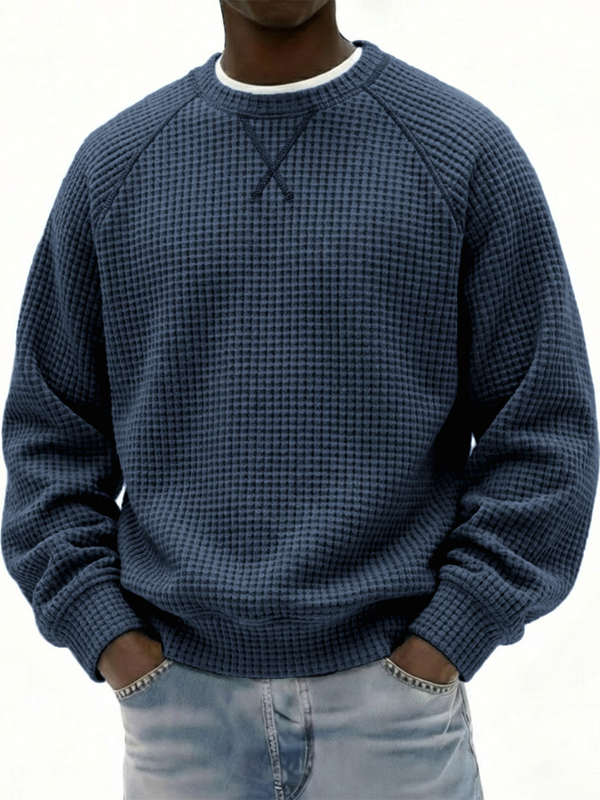 Men's Breathable Waffle Texture Patchwork Design Raglan Minimalist Pullover Top