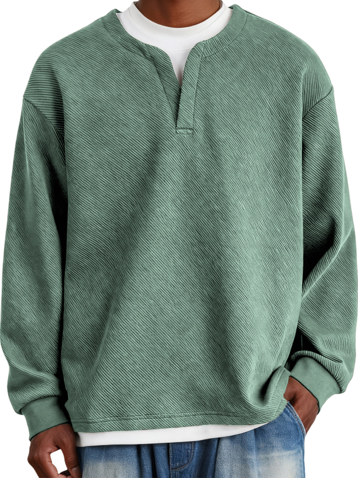 Men's Faux Two-Piece Heavyweight Twill V-Neck Pullover